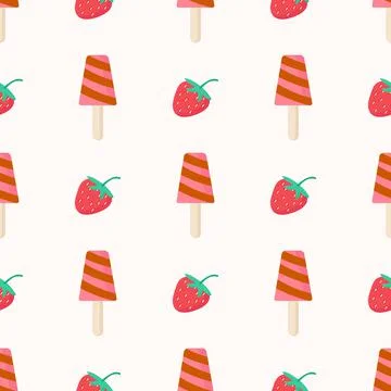Pattern of ice cream and strawberries on a light background Stock Illustration