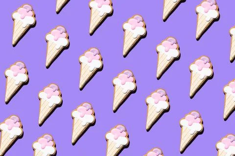 Pattern of ice cream cookie on the purple background Stock Photos