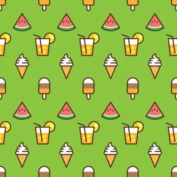 Pattern ice cream, watermelon slice, fruit cocktail on green background. Juicy Stock Illustration