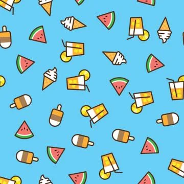 Pattern ice cream, watermelon slice, fruit cocktail on blue background. Juicy Stock Illustration