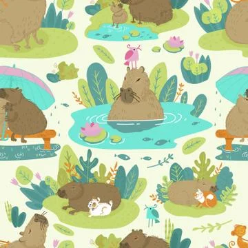Pattern image of the capybara on the jungle green forest and lake, vector Illustrazione stock