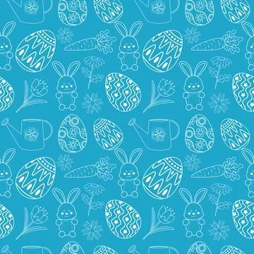 Pattern image for happy easter holiday with elements of eggs, flowers, watering Stock Illustration