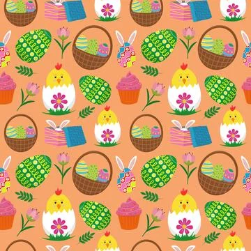 Pattern image for happy easter holiday with elements of eggs, flowers, rabbit in Illustrazione stock