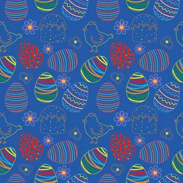 Pattern image for happy easter holiday with elements of eggs, chick, easter cake 스톡 일러스트