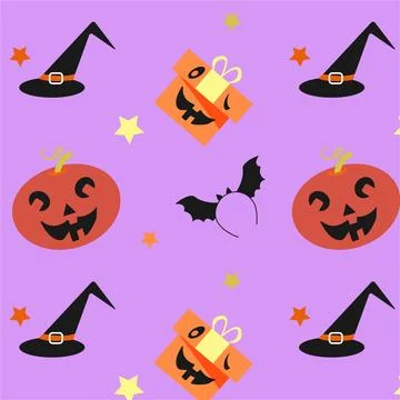 Pattern with the image of pumpkin, magic hat, gift, Halloween. Stock Illustration