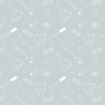 Pattern with images of a tooth of pipettes and a plaster, as well as an eye drop Stock Illustration
