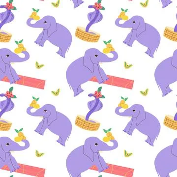 Pattern with indian elephant and cobra in basket. Abstract tropical print on Illustrazione stock