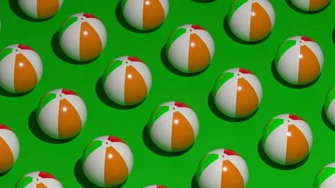 Pattern of inflatable beach balls on green background viewed from above Stock Illustration