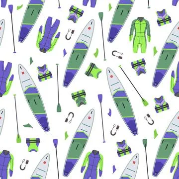 Pattern Inflatable paddle supboard and life jacket Stock Illustration