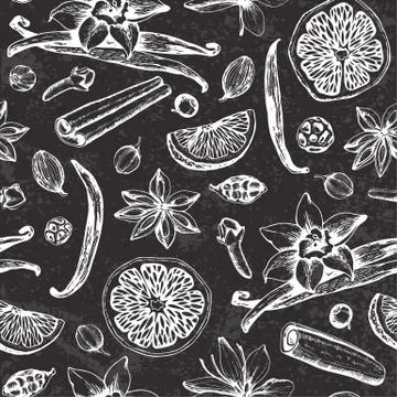 Pattern with ingredients ans spices for mulled wine. Stock Illustration