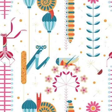 Pattern with Insects and Flowers in Night Garden Illustrazione stock
