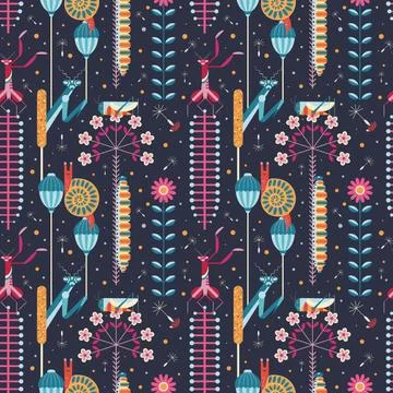 Pattern with Insects and Flowers in Night Garden Stock Illustration