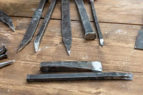 Pattern of iron and black bits, old tool for cutting wood patterns Stock Photos