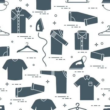Pattern with irons, hangers and different clothes. Stock Illustration