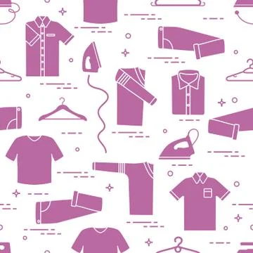 Pattern with irons, hangers and different clothes. Stock Illustration