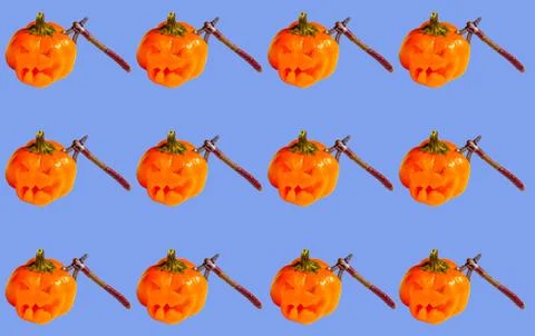 A pattern with Jack's head on Halloween with a stuck axe on a blue background Stock Illustration