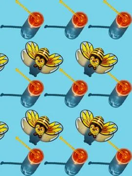 Pattern Jar with honey and shadow on a blue background, candy cane bee with s Stock Photos