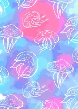 Pattern of jellyfish with white lines on the background of a watercolor textu Stock Illustration