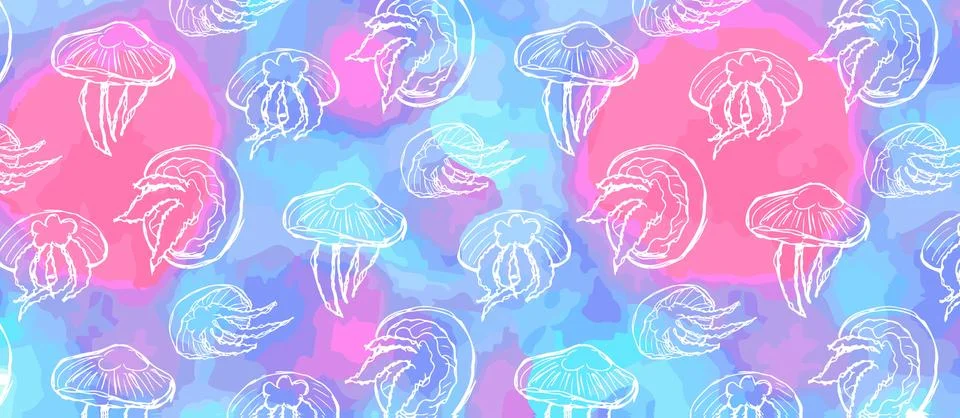 Pattern of jellyfish with white lines on the background of a watercolor textu Stock Illustration