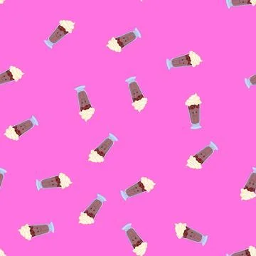 Pattern kawaii chocolate milkshake character with a smiling face, pink straw, Stock Illustration
