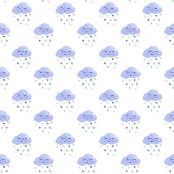 Pattern with kawaii smiling clouds and hearts rain Stock Illustration