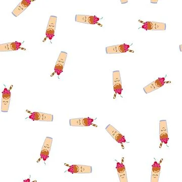 Pattern kawaii smiling milkshake with cherry and wafer stick Illustrazione stock