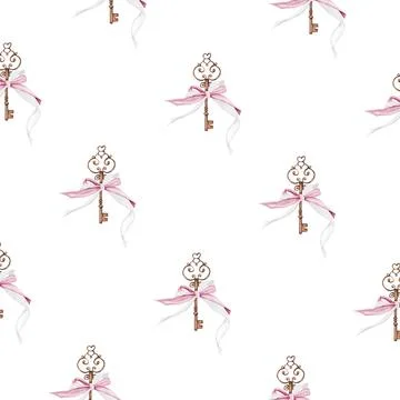 Pattern keys with pink ribbons. Hand drawing vintage things with a bow on Stock Illustration