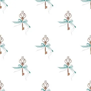 Pattern keys with ribbons. Hand drawing vintage things on isolated white Stock Illustration