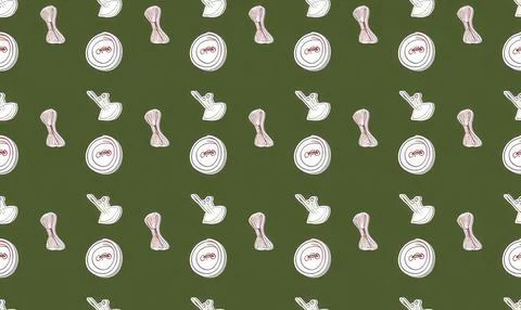 Pattern of kitchen utensils and bowls on green background Stock Illustration