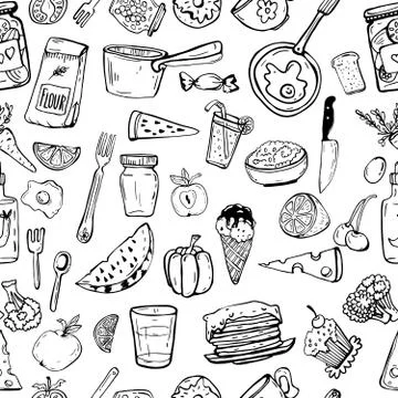 Pattern of kitchen utensils and cooking objects Stock Illustration