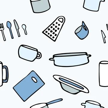 Pattern with kitchen utensils on a blue background. Cutting board, plate, food Stock Illustration