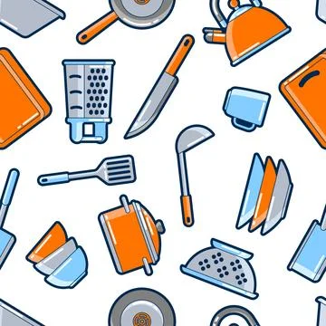 Pattern with kitchen utensils. Cooking tools for restaurant. Stock Illustration