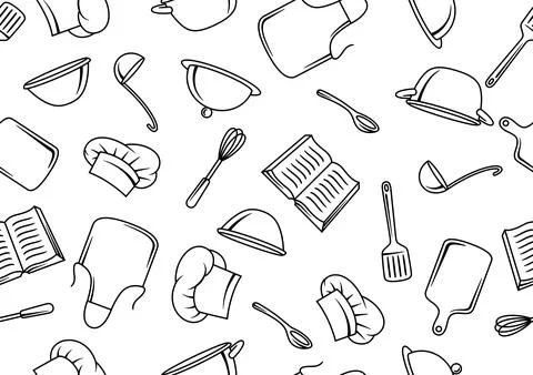 Pattern with kitchen utensils. Cooking tools for home and restaurant. Stock Illustration