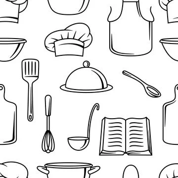 Pattern with kitchen utensils. Cooking tools for home and restaurant. Stock Illustration