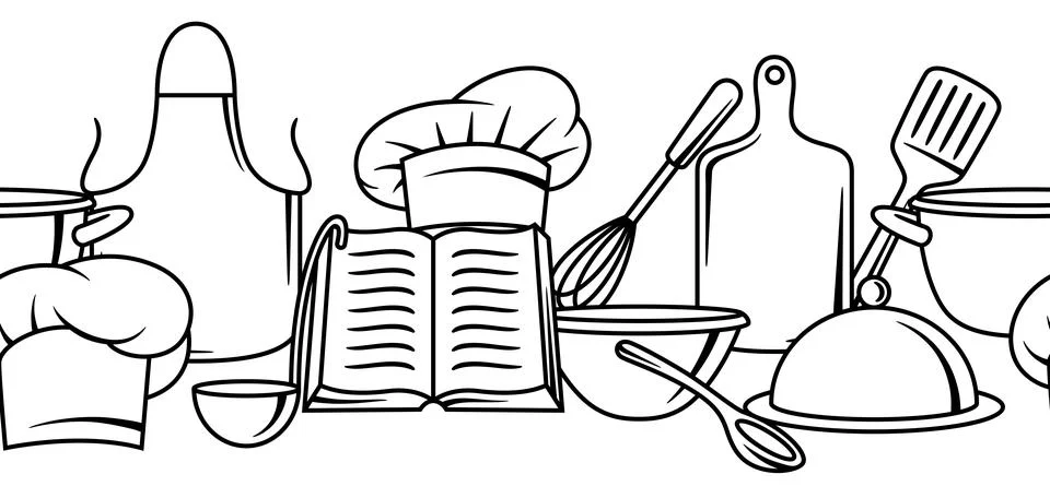 Pattern with kitchen utensils. Cooking tools for home and restaurant. Stock Illustration