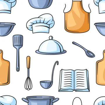 Pattern with kitchen utensils. Cooking tools for home and restaurant. Stock Illustration