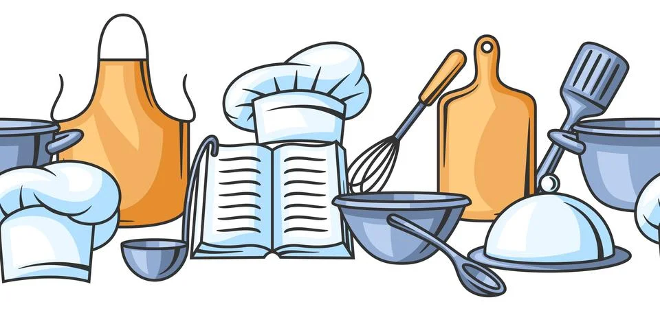 Pattern with kitchen utensils. Cooking tools for home and restaurant. Stock Illustration