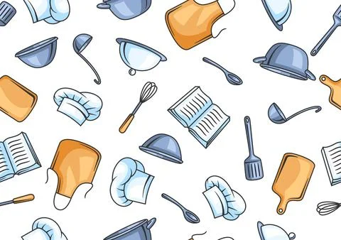 Pattern with kitchen utensils. Cooking tools for home and restaurant. Stock Illustration