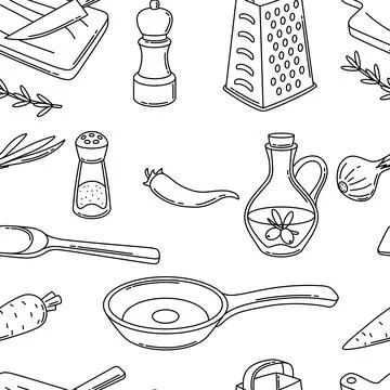 Pattern with kitchen utensils. Cooking tools for home and recipe items. Stock Illustration