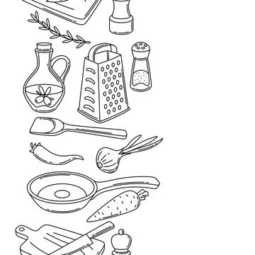 Pattern with kitchen utensils. Cooking tools for home and recipe items. Stock Illustration