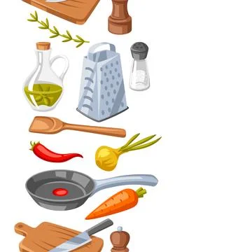 Pattern with kitchen utensils. Cooking tools for home and recipe items. イラスト素材