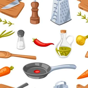 Pattern with kitchen utensils. Cooking tools for home and recipe items. Stock Illustration