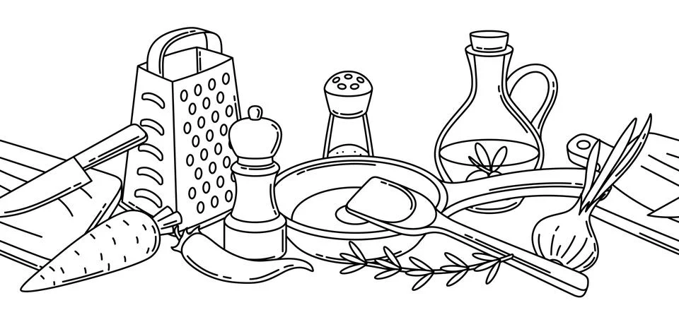 Pattern with kitchen utensils. Cooking tools for home and recipe items. イラスト素材