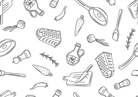 Pattern with kitchen utensils. Cooking tools for home and recipe items. Stock Illustration