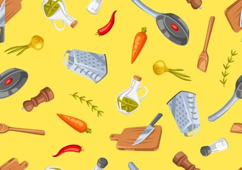 Pattern with kitchen utensils. Cooking tools for home and recipe items. イラスト素材