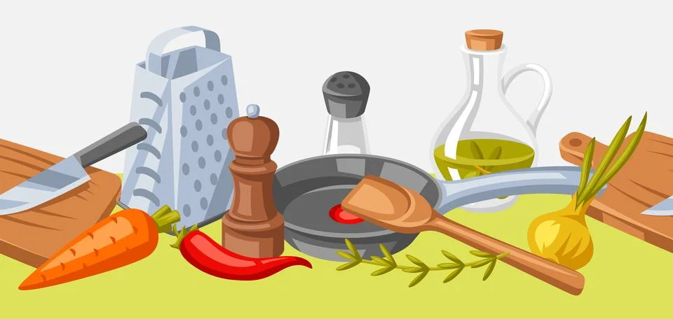 Pattern with kitchen utensils. Cooking tools for home and recipe items. Illustrazione stock