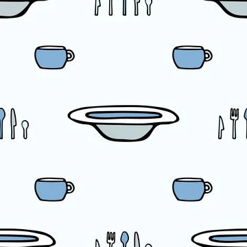 Pattern with kitchen utensils on a white background and lettering Kitchen Stock Illustration