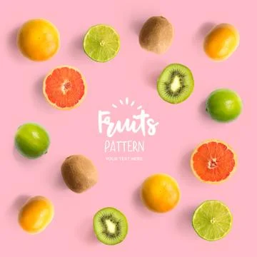 Pattern with kiwi, lime and grapefruit. Tropical abstract background. Stock Photos