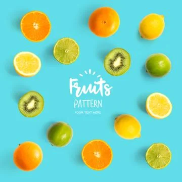 Pattern with kiwi, lime, lemon and orange. Tropical abstract background. Stock Photos