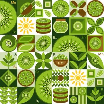Pattern with kiwi, simple geometric shapes. Stock Illustration